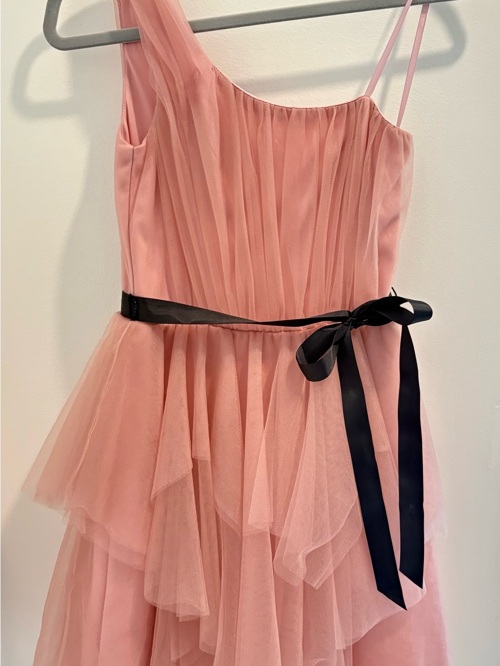 City Studio One-Shoulder Pink Tulle Dress with Black Ribbon